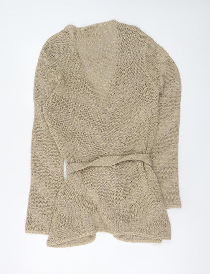 Monsoon Women Beige V-Neck Long Sleeve Open Knit Cardigan Size 14
