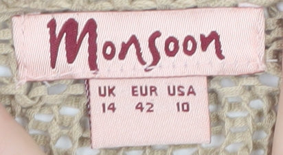 Monsoon Women Beige V-Neck Long Sleeve Open Knit Cardigan Size 14