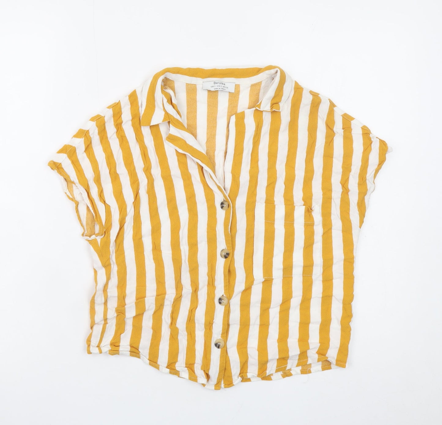 Bershka Womens Yellow White Striped Short Sleeve Button-Up Shirt S
