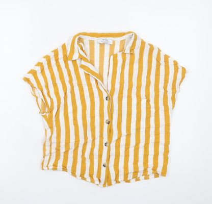 Bershka Womens Yellow White Striped Short Sleeve Button-Up Shirt S