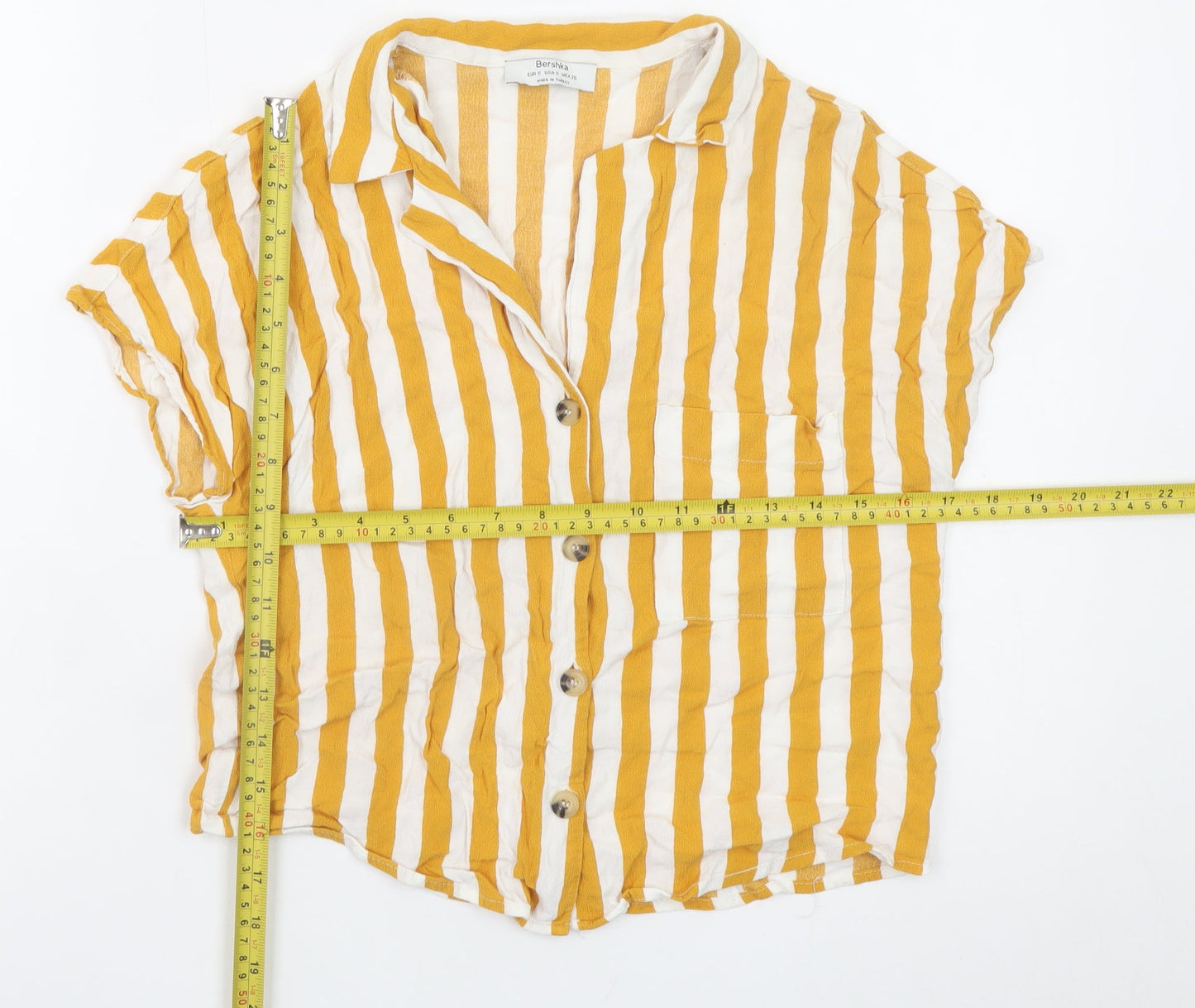 Bershka Womens Yellow White Striped Short Sleeve Button-Up Shirt S
