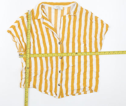 Bershka Womens Yellow White Striped Short Sleeve Button-Up Shirt S