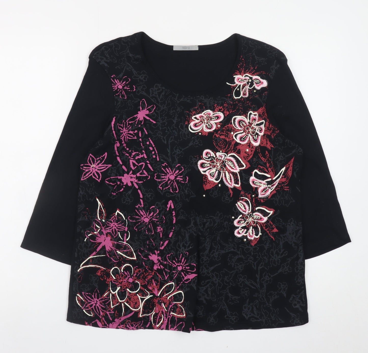 Marks and Spencer Women's Black Floral Beaded Cotton T-Shirt UK 16