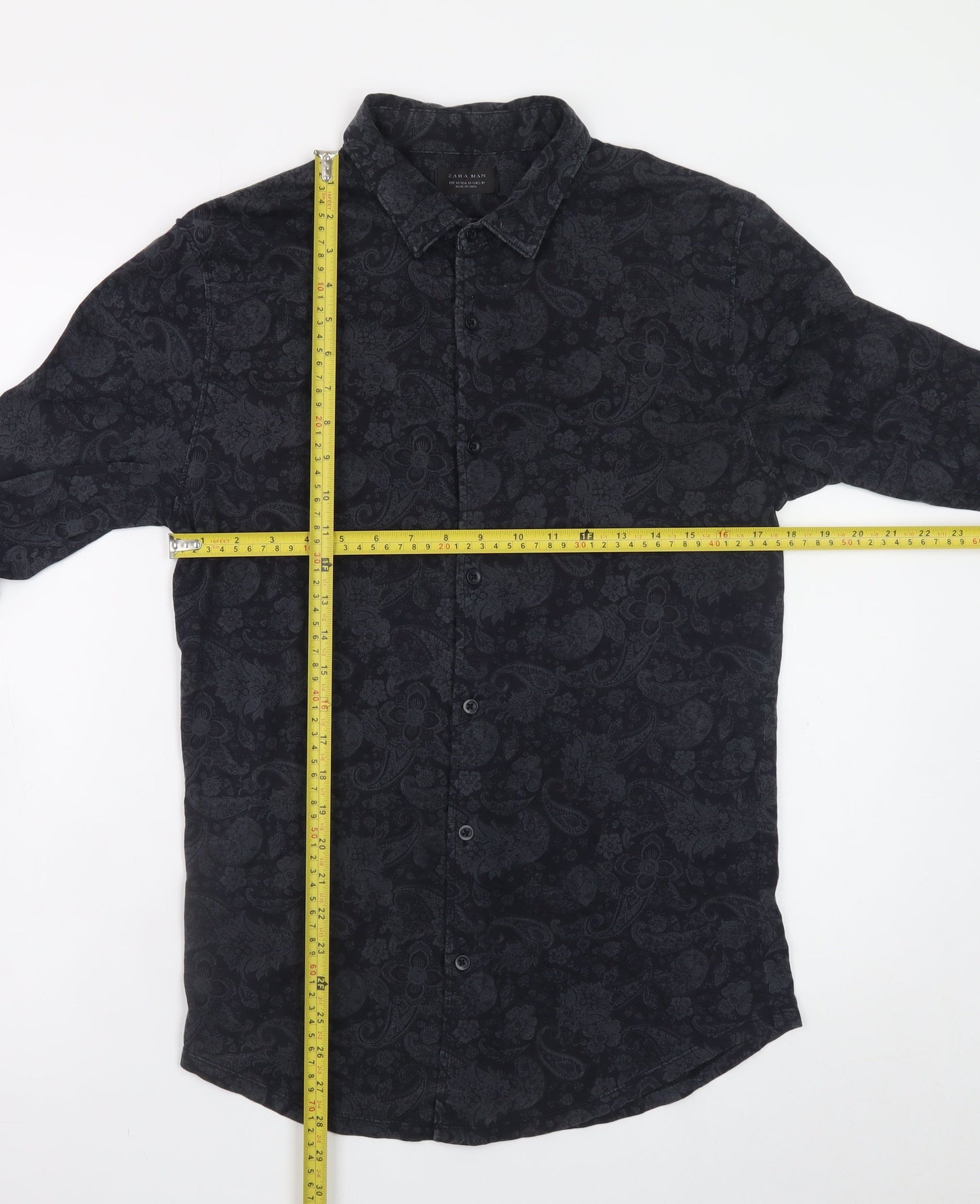 Zara Man Black Paisley Long Sleeve Slim Fit Cotton Shirt Men's M