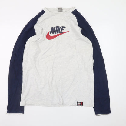 Nike Men's Grey and Navy Long Sleeve Graphic T-Shirt XL Cotton