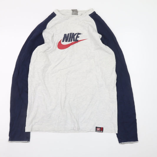 Nike Men's Grey and Navy Long Sleeve Graphic T-Shirt XL Cotton