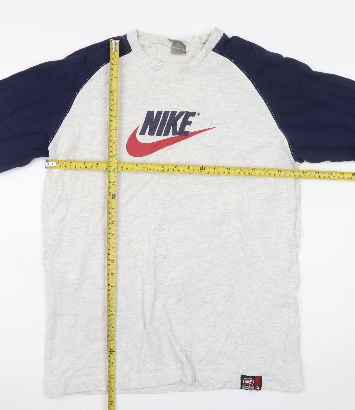 Nike Men's Grey and Navy Long Sleeve Graphic T-Shirt XL Cotton