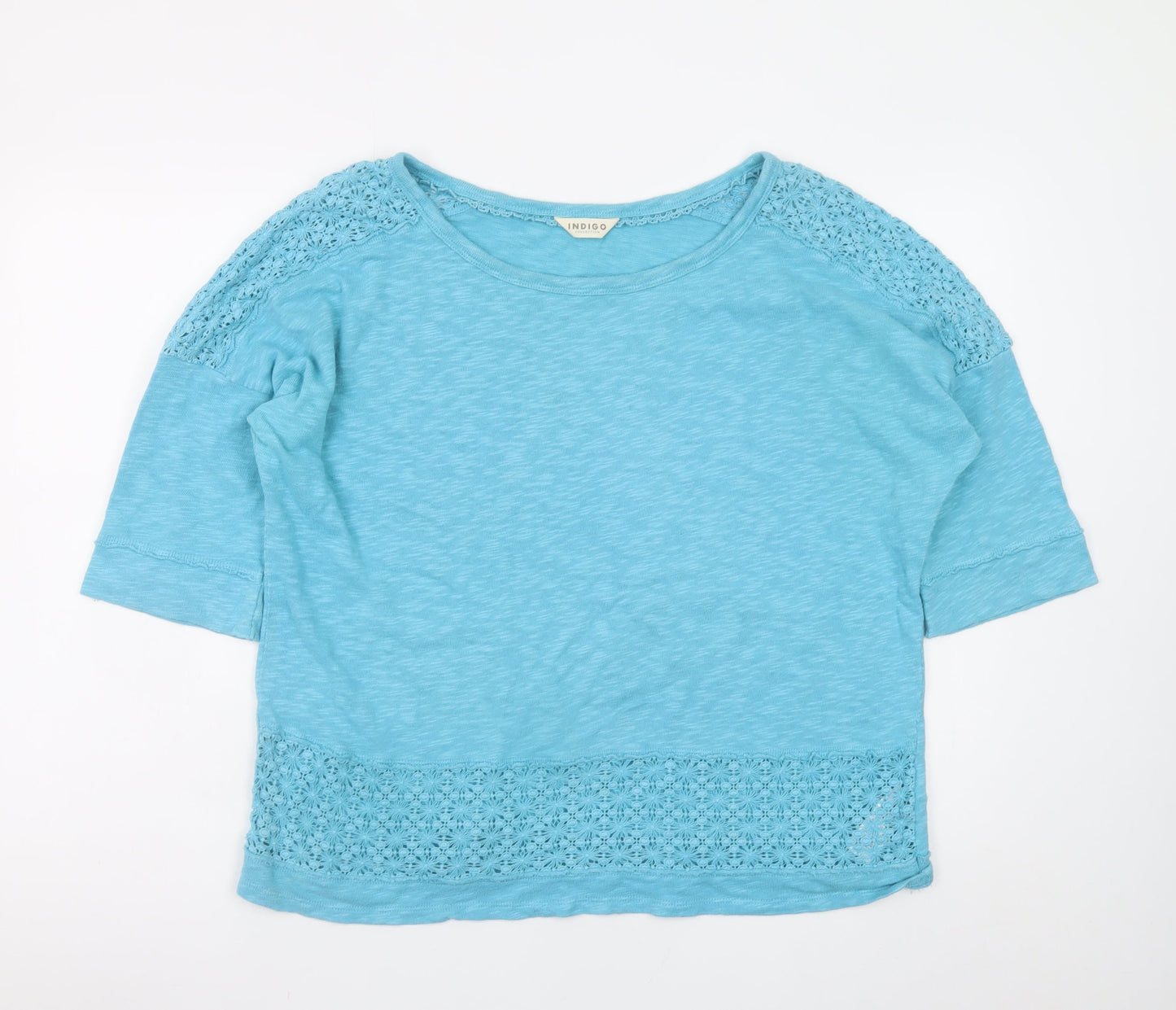 Marks and Spencer Women Blue Crochet Trim Cotton T-Shirt UK 16