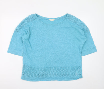 Marks and Spencer Women Blue Crochet Trim Cotton T-Shirt UK 16