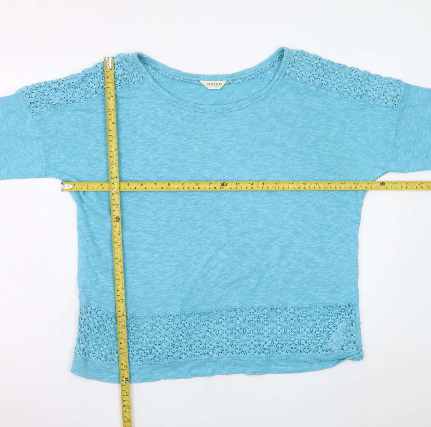 Marks and Spencer Women Blue Crochet Trim Cotton T-Shirt UK 16