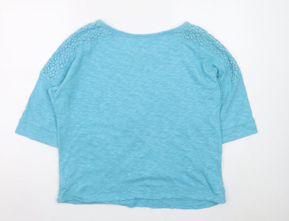 Marks and Spencer Women Blue Crochet Trim Cotton T-Shirt UK 16