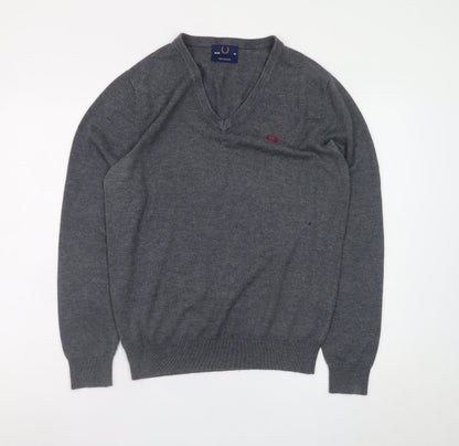 Fred Perry Men's Grey Wool V-Neck Jumper Size M Classic Knitwear