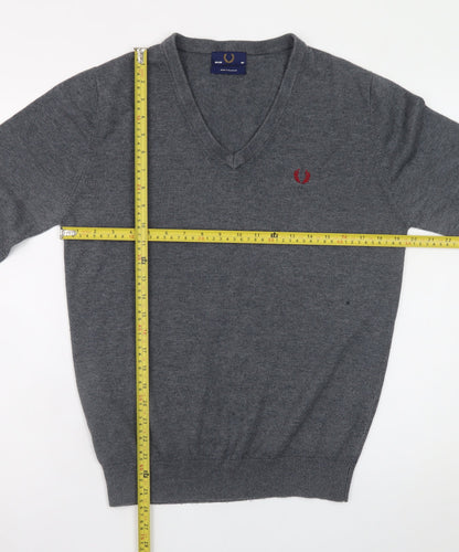 Fred Perry Men's Grey Wool V-Neck Jumper Size M Classic Knitwear