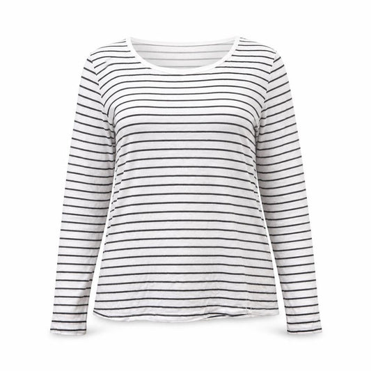 Front view of ICHI Women’s White Black Striped Long Sleeve Cotton T-Shirt L