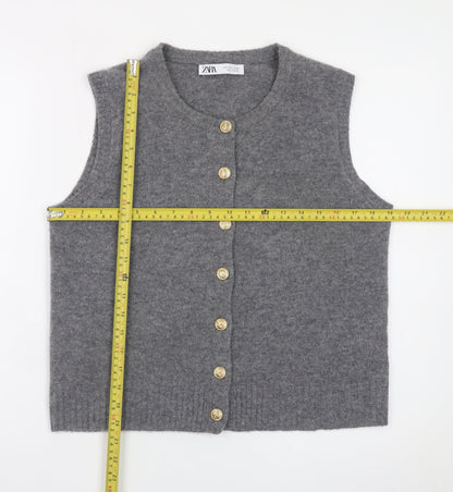 ZARA Women Grey Wool Blend Sleeveless Cardigan Vest S