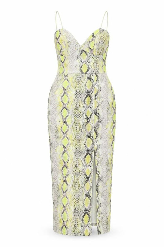 New Look Womens Yellow Snake Print Bodycon Midi Dress Size 10