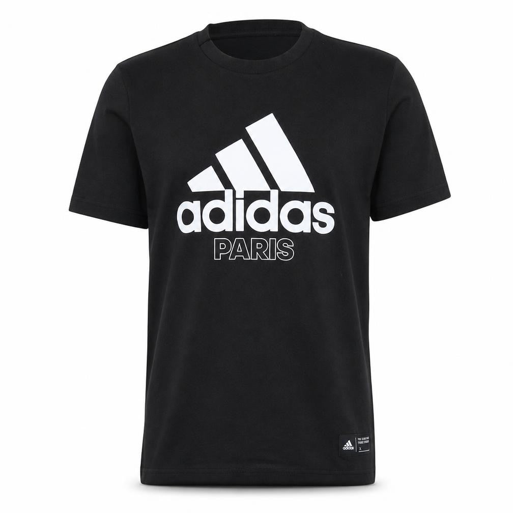 Front view of Adidas Men's Black Paris Graphic Logo Short Sleeve T-Shirt, size S