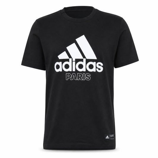 Front view of Adidas Men's Black Paris Graphic Logo Short Sleeve T-Shirt, size S