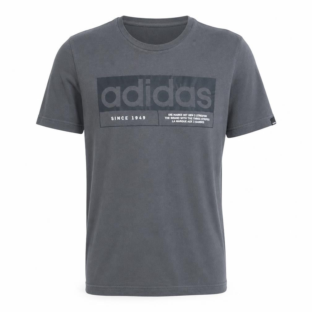 Front view of Adidas Men's Grey Graphic Logo T-Shirt, size S, Short Sleeve Cotton