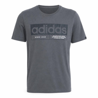 Front view of Adidas Men's Grey Graphic Logo T-Shirt, size S, Short Sleeve Cotton
