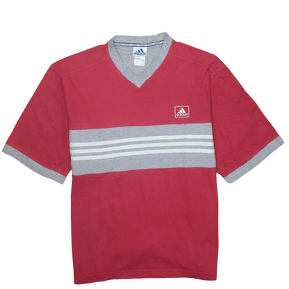 Adidas Men's Red Grey V-Neck Striped T-Shirt XL Cotton Classic Style