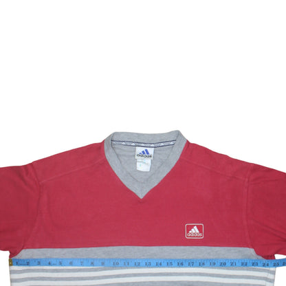 Adidas Men's Red Grey V-Neck Striped T-Shirt XL Cotton Classic Style