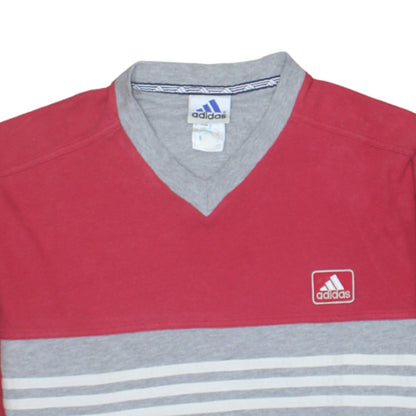 Adidas Men's Red Grey V-Neck Striped T-Shirt XL Cotton Classic Style