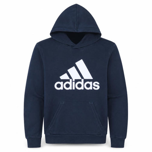 Front view of Adidas Men's Blue Pullover Hoodie Small Logo Sportswear