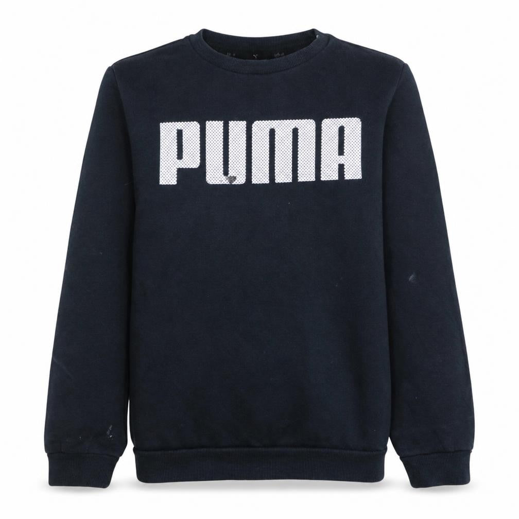 Front view of Puma boys’ black crew neck pullover sweatshirt 14-15 years logo fleece