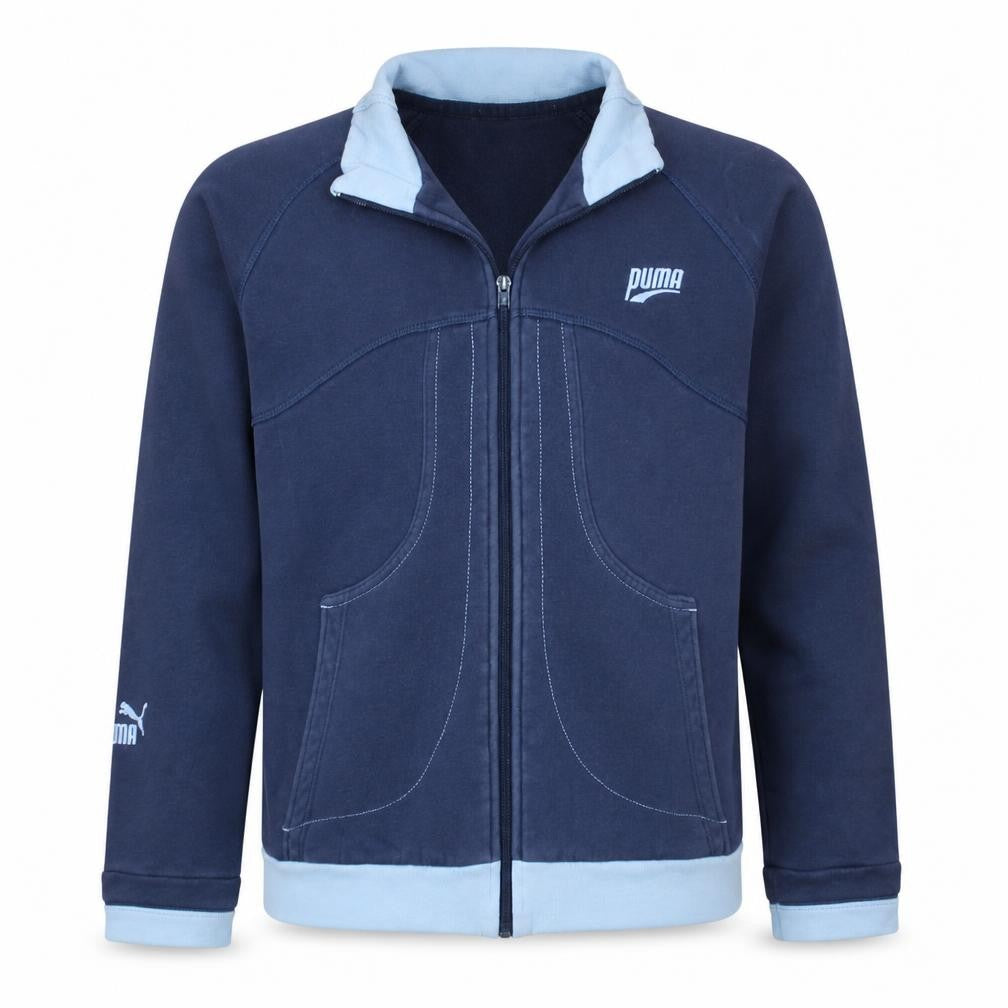 Front view of Puma boys’ blue full zip sweatshirt hoodie, size 12, years fleece lined