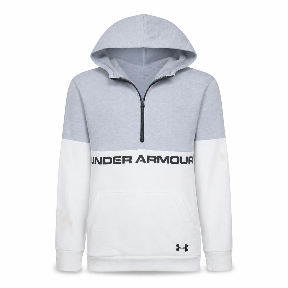 Front view of Under Armour boys’ grey colourblock 1/4 zip hoodie, size 14-15, years