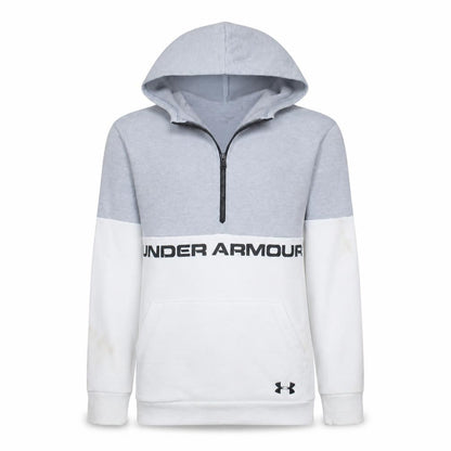 Front view of Under Armour boys’ grey colourblock 1/4 zip hoodie, size 14-15, years
