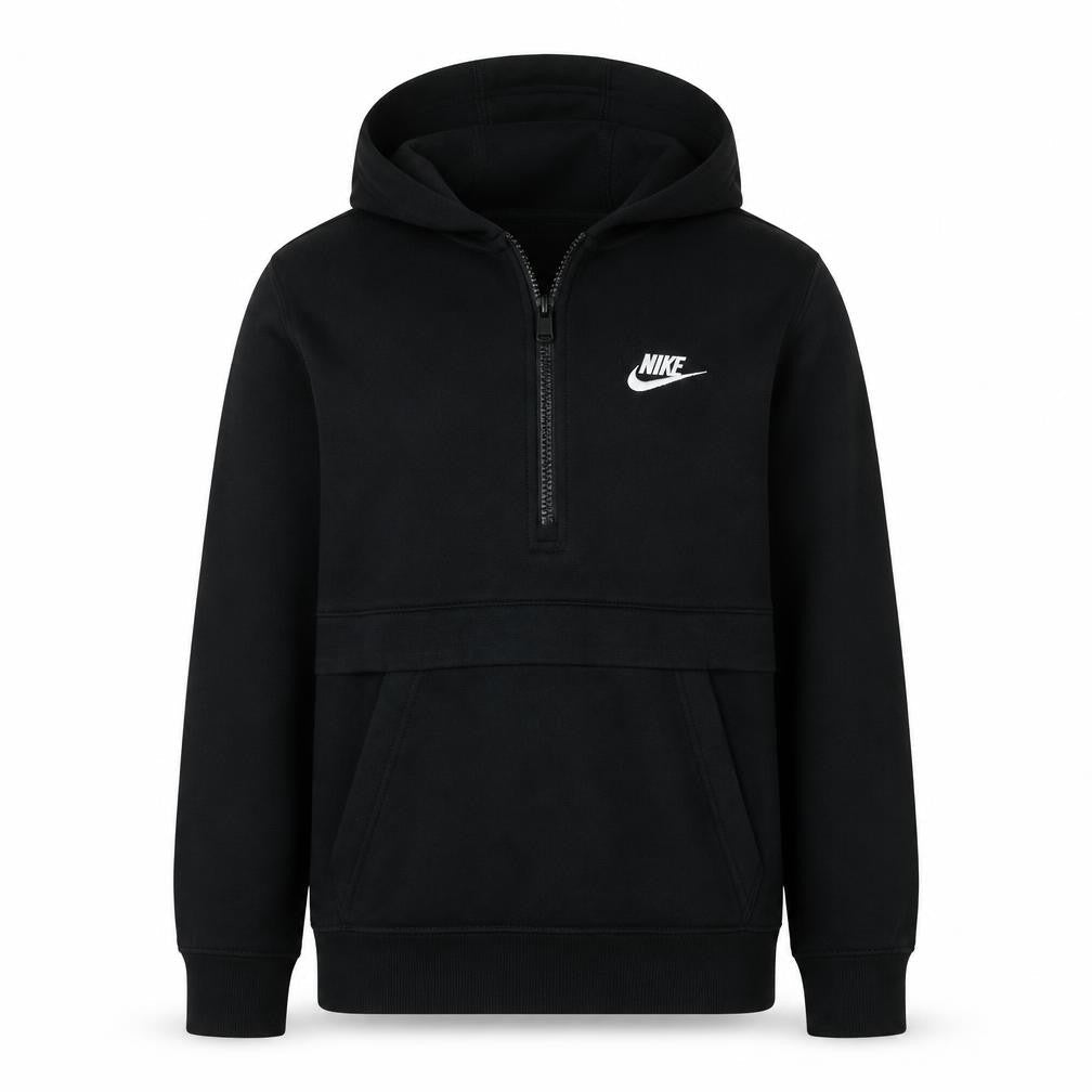 Front view of Nike boys’ black 1/2 zip hoodie standard fit, size L, 147-158cm