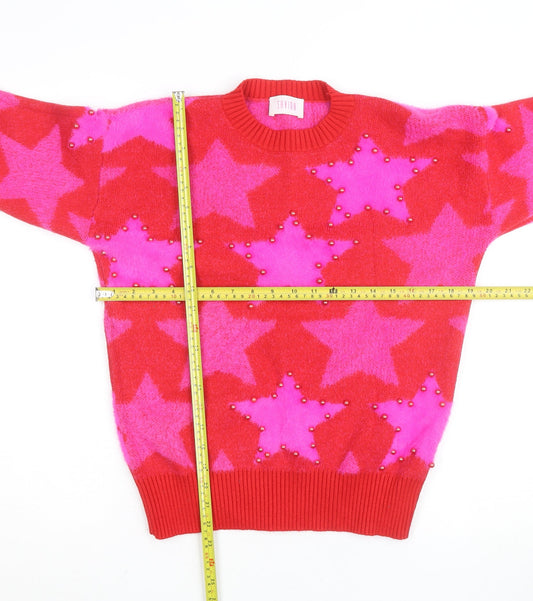 Savida Women's Red Pink Star Beaded Crew Neck Jumper Size 12