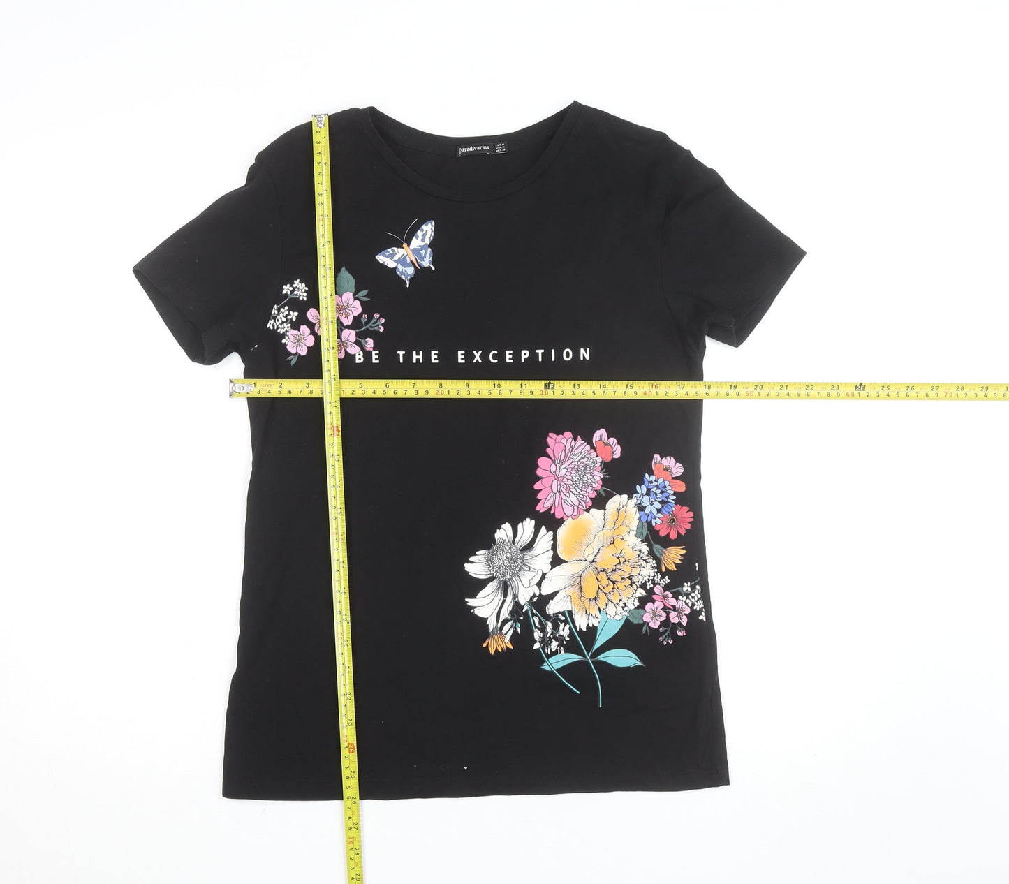 Stradivarius Women’s Black Floral Quote Cotton T-Shirt Size 12
