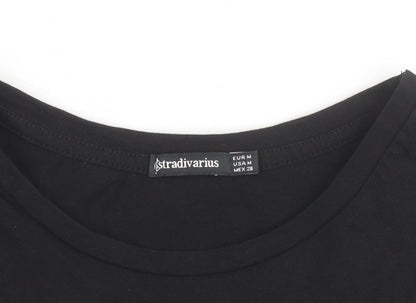 Stradivarius Women’s Black Floral Quote Cotton T-Shirt Size 12