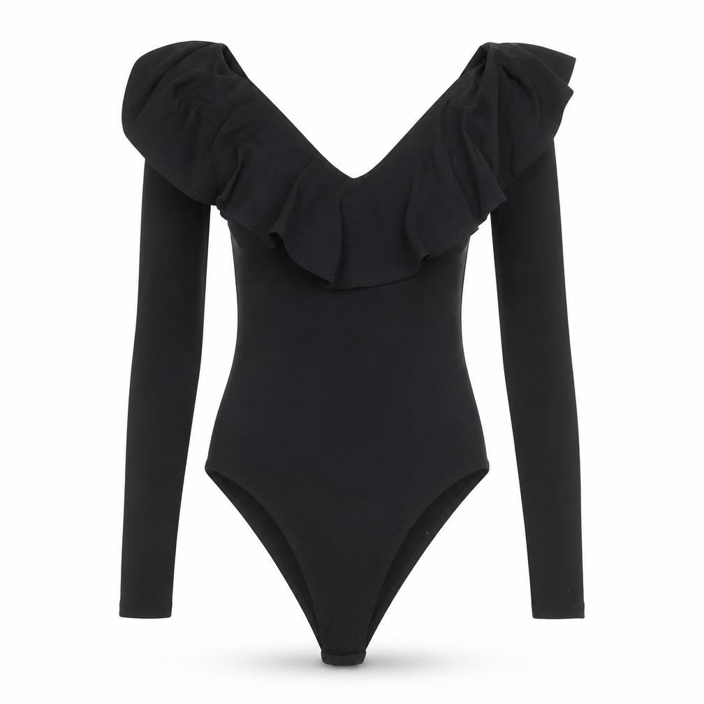 New Look Women's Black Long Sleeve Ruffle Bodysuit Size 8