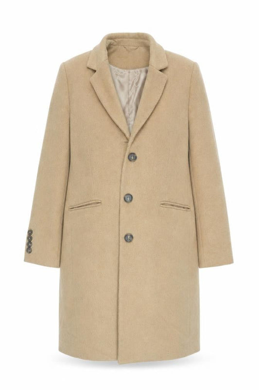 Front view of Gallery Women's Beige Wool Blend Long Coat, size 14, Classic Overcoat