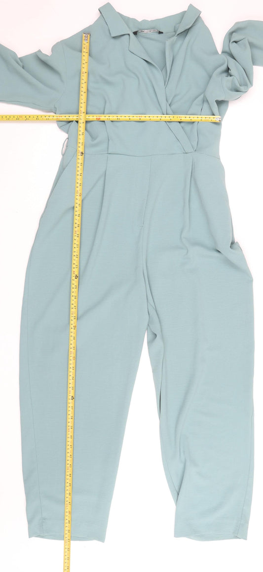 Zara Women Blue Long Sleeve Collared Jumpsuit Size 14
