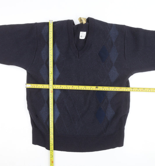 Gabicci Men's Blue Argyle Wool Blend V-Neck Jumper Size M