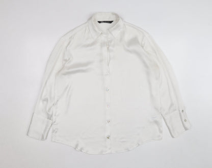 Zara Women White Collared Button-Up Long Sleeve Satin Shirt M