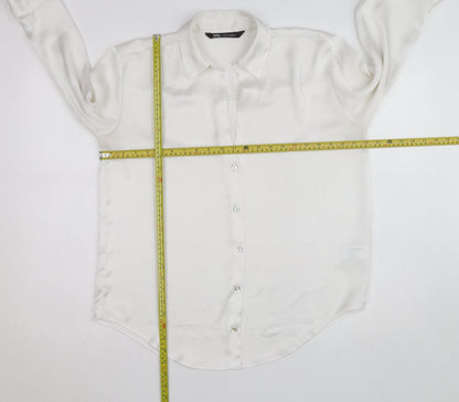 Zara Women White Collared Button-Up Long Sleeve Satin Shirt M