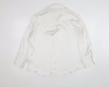 Zara Women White Collared Button-Up Long Sleeve Satin Shirt M
