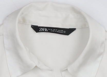 Zara Women White Collared Button-Up Long Sleeve Satin Shirt M