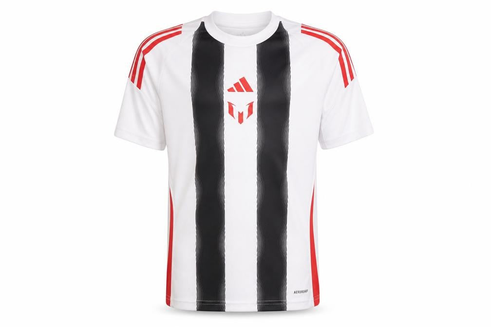 Front view of Adidas boys’ white striped football jersey t-shirt 13-14 years aeroready