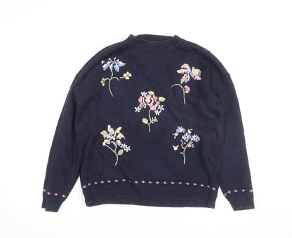 Marks and Spencer Women Navy Floral Embroidered Cotton Jumper Size 12-14