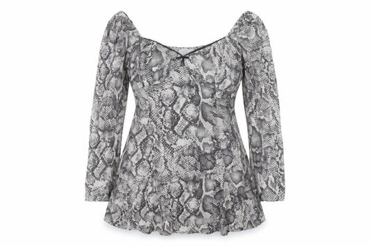 Savida Women’s Grey Snake Print Square Neck Long Sleeve Tunic Blouse Size 16