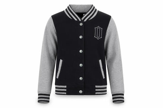 Front view of Only unisex black grey varsity jacket m casual cotton blend