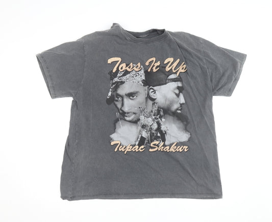 Bershka Men's Grey Tupac Shakur Graphic Band T-Shirt Size M