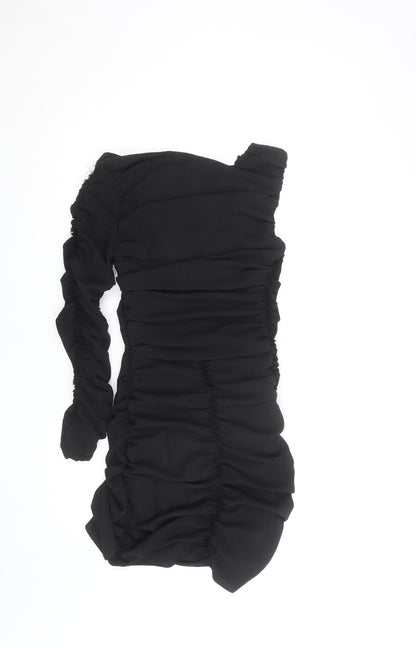 Zara Women Black One Shoulder Ruched Bodycon Mini Dress UK 8